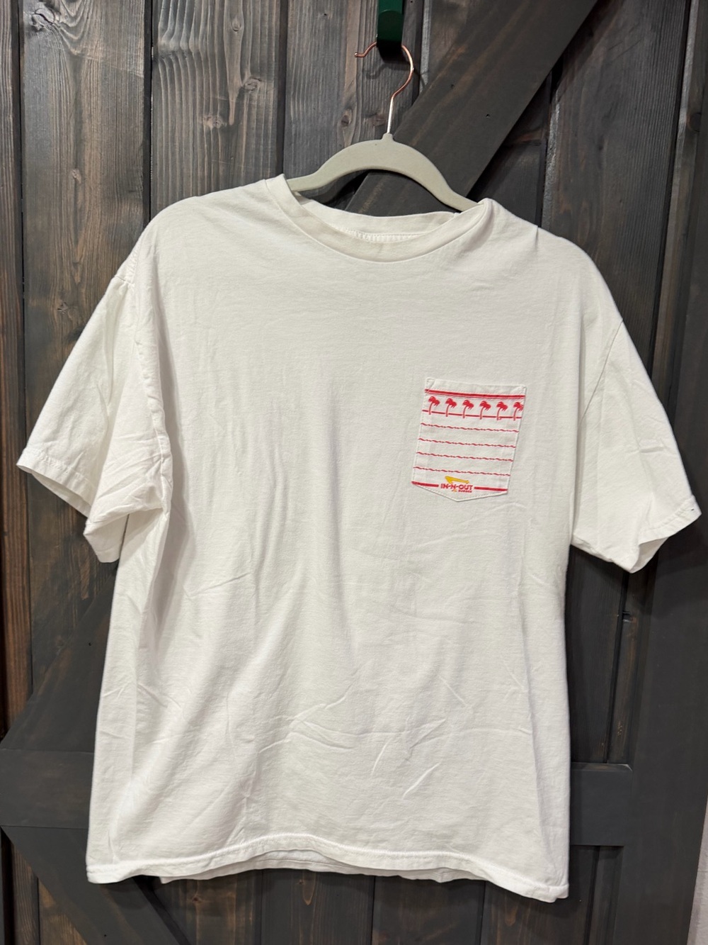 In N Out Burgers Men's White Crewneck Pocket T‑Shirt with Red Pattern Large